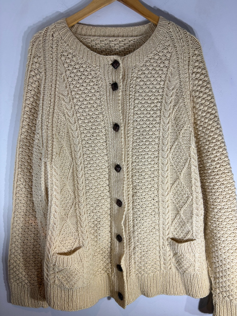 Vintage Wool Fisherman Cable Knit Cardigan Sweater XL Cream - Picture 6 of 10